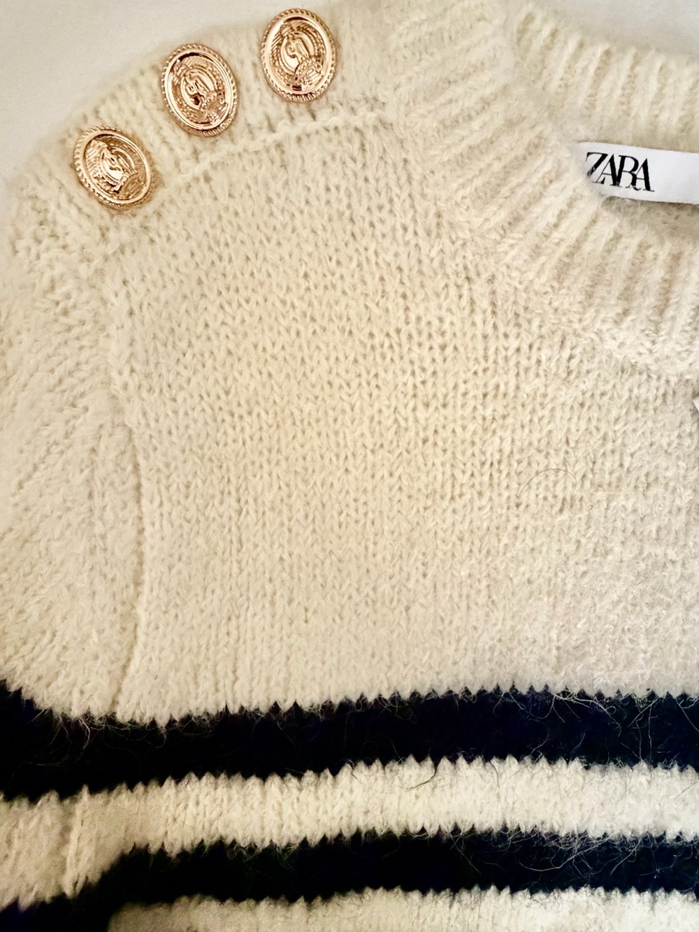 ZARA Cream and Black Striped Button-Shoulder Sweater - Picture 3 of 4